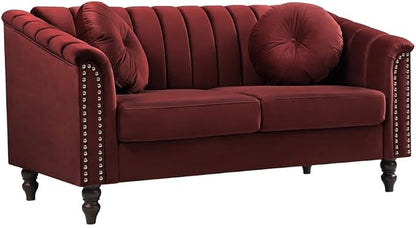 60" Loveseat Sofa, Microfiber Chesterfield Upholstered Sofas Love Seat, Couch Chair Sets with Style Button Tufted, Scroll Arms and Nailhead for Living Room, Office, Apartment-Red