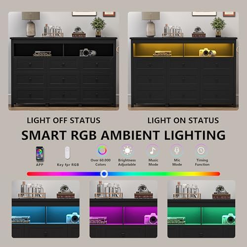 Dresser for Bedroom with 9 Drawers, LED Lights, Power Outlet, Black