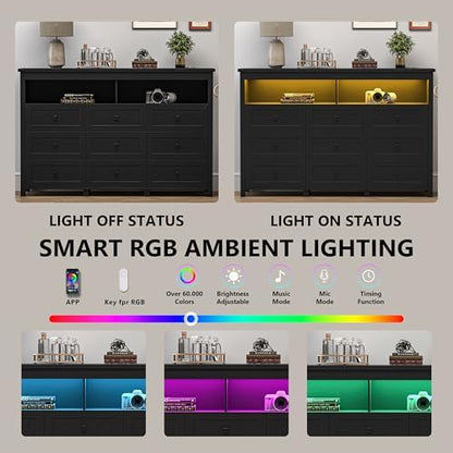 Dresser for Bedroom with 9 Drawers, LED Lights, Power Outlet, Black
