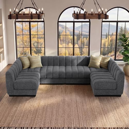 Morden Fort 6-Seater U-Shaped Modular Sectional Sofa, Large Deep Seat Chenille Couch for Living Room, Modern Modular Corner Sofa with High-Density Foam Cushions, Family Couch, Grey