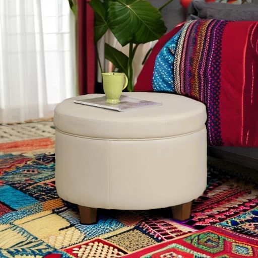 HomePop Round Leatherette Storage Ottoman with Lid, Ivory Large