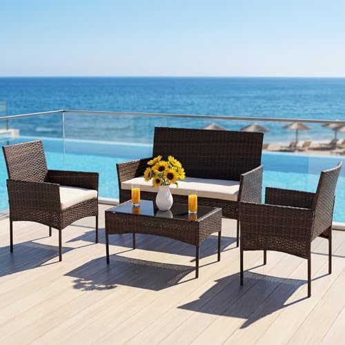 DUMOS 4-Piece Patio Furniture Set Outdoor Wicker Conversation, Brown