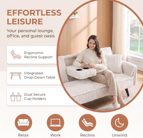 Corduroy Convertible Sofa Bed, Futon Couch with Cup Holders, White