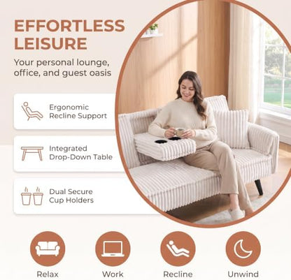 Corduroy Convertible Sofa Bed, Futon Couch with Cup Holders, White