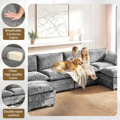 LEVELEVE 146" U-Shape Modular Sofa with 2 Ottomans, Deep Seat Cloud Convertible Sleeper, 2 Arm Pillows, Cozy Large Upholstered Furniture for Living Room Apartment, Dark Grey