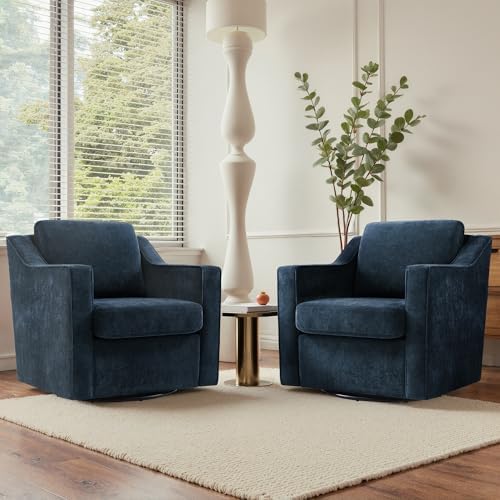 Swivel Accent Chairs Set of 2, Chenille Armchair with Lumbar, Navy