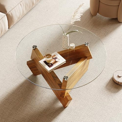 Honyee Modern Round Coffee Table, 30.7" x 30.7" x 16.1" Tempered Glass Top for Living Room, Color: Natural Wood
