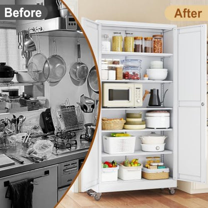 74" H Metal Pantry Storage Locker Cabinet with Wheels,Rolling Farmhouse Kitchen Pantry Cabinet with 2 Doors and 5 Adjustable Shelves,Steel Garage Tool Cabinet Organization for Home,Gym,School,White