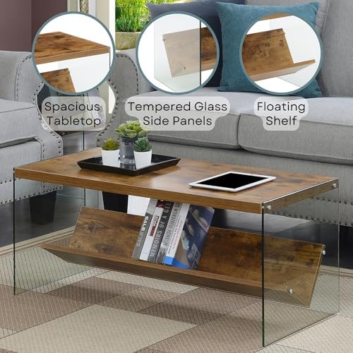 Convenience Concepts SoHo Glass Coffee Table 40" - Modern Living Room Table with Storage Shelf, Contemporary Coffee Table for Family Room, Barnwood