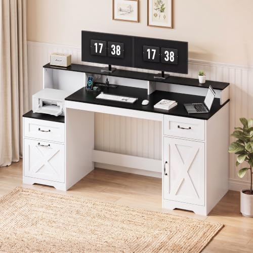 YOUDENOVA 63 Inch Farmhouse Computer Desk with Drawers & Power Outlets, Large Desk with Monitor Stand & Printer Shelf, Modern Office Desk Workstation with File Cabinet for Home Office, Black & White