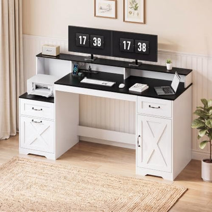 YOUDENOVA 63 Inch Farmhouse Computer Desk with Drawers & Power Outlets, Large Desk with Monitor Stand & Printer Shelf, Modern Office Desk Workstation with File Cabinet for Home Office, Black & White