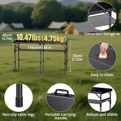 4-Fold Camping Table, 46” X 16” Portable Folding Camping Table, Black