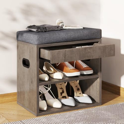 Small Shoe Storage Bench with Cushion and Drawer, Silver Gray