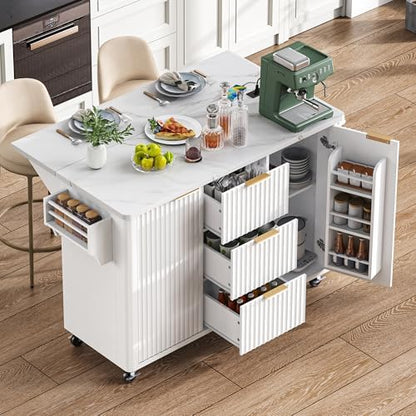 Merax 55.5" Fluted Kitchen Island with Drop Leaf, Power Outlet,Kitchen Grill Cart Island with Storage-6 Door Shelves,Adjustable Shelves,Faux Marble Top,Curved Edge for Kitchen,White