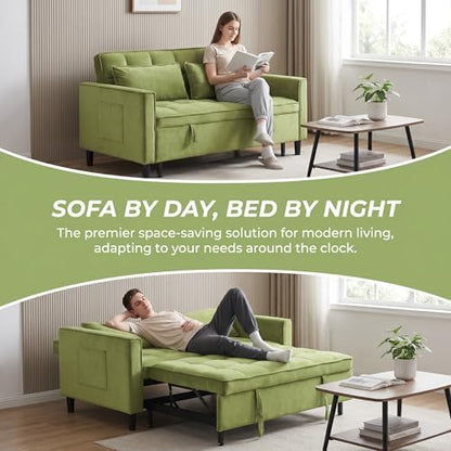 3 in 1 Convertible Sofa Bed, Loveseat Sleeper Sofa with Large Side Pockets, Pull Out Couch with Adjustable Backrest, Easy Assembly, Velvet Couch Bed for Small Spaces, Apartment, Green