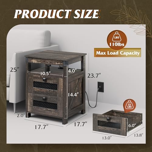 WLIVE Night Stand with Charger Station, End Tables Bedroom, Bed Side Table with 2 Wooden Storage Drawers, Farmhouse Nightstand with USB Ports and Outlets, Dark Rustic Oak