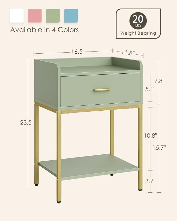Masupu Nightstand,Bedside Table 3-Tier Modern Night Stand with Storage Drawer and Shelf,Small End Side Table for Bedroom,Living Room,Black (Without Outlet, Green)