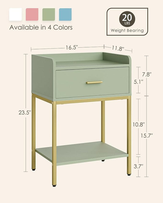 Masupu Nightstand,Bedside Table 3-Tier Modern Night Stand with Storage Drawer and Shelf,Small End Side Table for Bedroom,Living Room,Black (Without Outlet, Green)