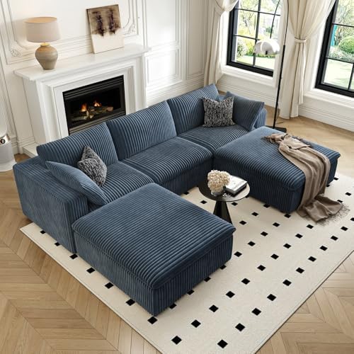 118" Cloud Couch Modular Sectional Sofa for Living Room,Modern Sofa with Deep Seat，U-Shape Boneless Couch with 2 Ottoman,Comfy Upholstered Corduroy Couches for Apartment, Studio, Office,Bedroom，Blue