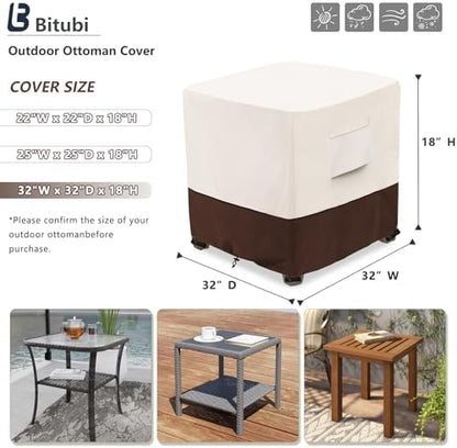 Bitubi Waterproof Patio Ottoman Cover, Heavy Duty Square Outdoor Side Table Furniture Covers Size 32L x 32W x 18H inch (Brown)