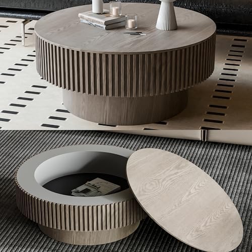 31.5'' Round Coffee Table with Storage, Modern Luxury Circle Drum Center Tables with Solid Wood Veneered, Accent Side Coffee Table for Living Room, Bedroom, Apartment-Grey