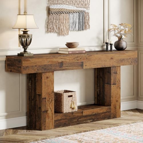 Tribesigns 63" Console Table, Farmhouse 2-Tier Entryway Table with U-Shaped Base, Narrow Long Wood Sofa Table Behind Couch Table for Living Room, Hallway, Foyer, Mix Brown