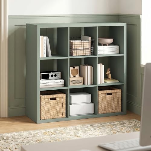 9-Cube Bookshelf, Cubicle Shelf Bookcase with Open Back, Position Reversible Book Shelf, 15 x 44 x 44, for Home Office, Living Room, Sage Green