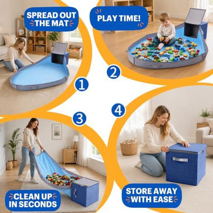 Toy Storage Organizer with Play Mat for Kids – 13" x 13" x 13" Storage Box, Stackable and Foldable Cubby Baskets for Playroom, Nursery Bins for Boys and Girls (Noble Blue)