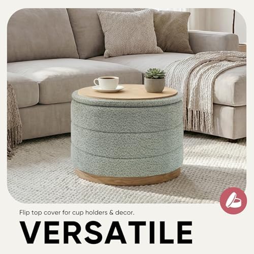 Round Storage Ottoman with Tray, Wood Grain Leather