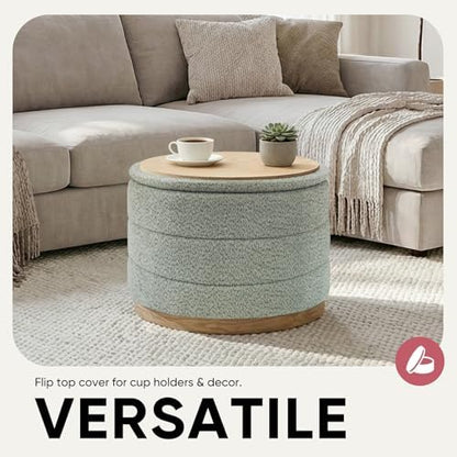 Round Storage Ottoman with Tray, Wood Grain Leather