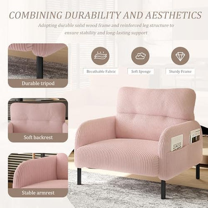 26" Corduroy Single Sofa Chair with Double Side Pockets & High Resilience Cushion, Modern Ergonomic Design Upholstery Oversized 1-Seater Accent Chair, Easy Assembly, for Living Room, Pink