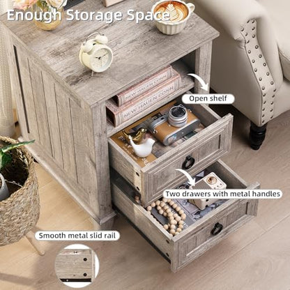 Joaxswe 18" Farmhouse Nightstand with Charging Station & 2 Drawers