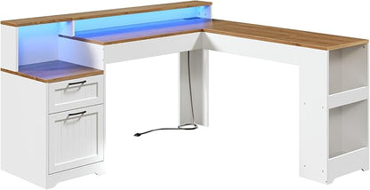 Farmhouse 63" L Shaped Standing Desk, Corner Computer Desk with Drawers, Office Desk with File Drawers with RGB Lighting & Charging Station, Monitor Stand and Storage Shelves, White and Walnut