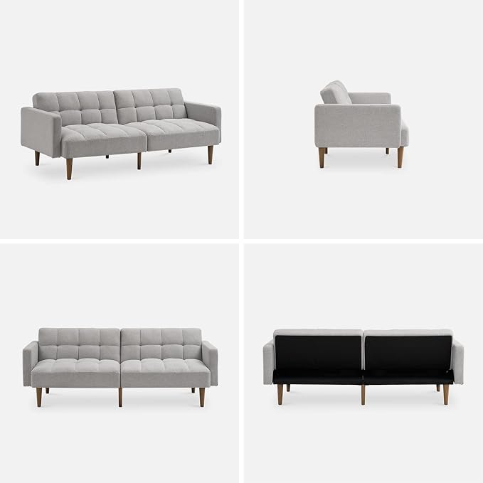 mopio Aaron 76.8" Couch, Small Futon Sofa Bed, Sleeper, Loveseat, Mid Century Modern Futon Couch, Sofa Cama, Couches for Living Room, Bedroom (Light Gray, Fabric)