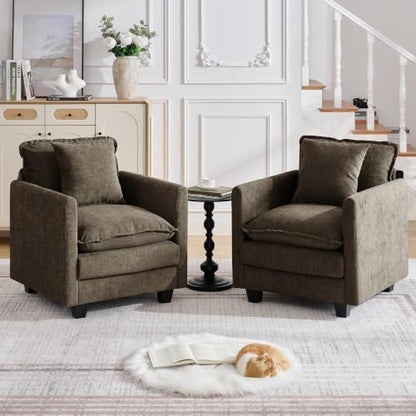 Cloud 2 Pieces Sofa Set, Single Couch Set of 2 with Throw Pillow, Modern 1 Seater Reading Chair with Deep Seat, Accent Chairs for Living Room, Bedroom, Small Apartment, Brown