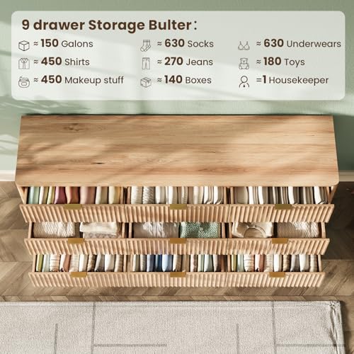 63" Wide Fluted 9 Drawers Dresser for Bedroom,Curved Edge,Oak