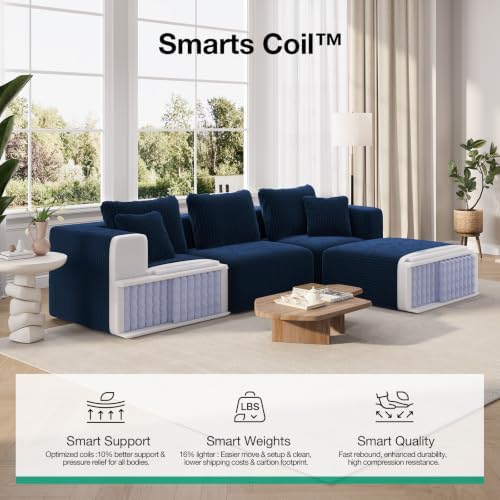 Novilla 106" Modular Sectional Sofa, Deep Seat Modern Cloud Sectional Couch with Smarts Coil® Support, Boneless Sectional Couch for Living Room Apartment, No Assembly Required, Blue