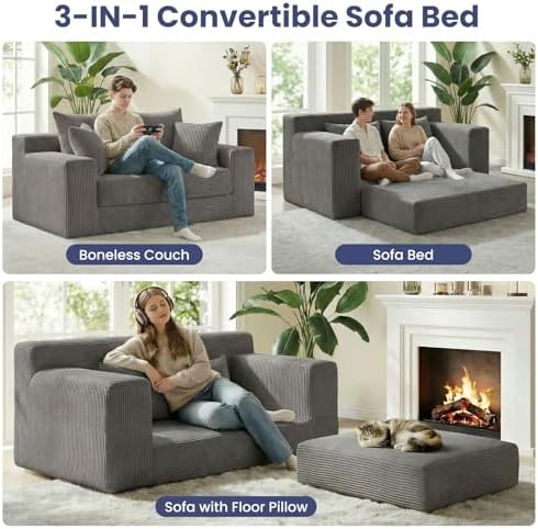 3-in-1 Convertible Sofa Bed,Boneless Loveseat Sleeper & Folding Couch Bed with 4 Pillows & Detachable Cushion for Bedroom, Small Space, Guest and Living Room, Corduroy Futon, No Assembly