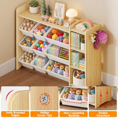 Kids Toy Storage Organizer, Wooden Shelf with 3 Tiers and 9 Storage Bins, Nursery Room Organizer for Books and Toys, White and Natural Wood