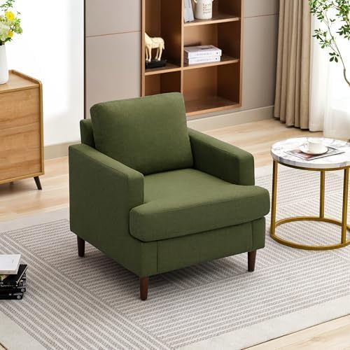 Weture Mid-Century Accent Chair,Modern Linen Fabric Armchair for Living Room,Comfy Upholstered Reading Accent Chairs for Bedroom,Single Sofa Chair with Wood Legs (Green, 2 Pack)