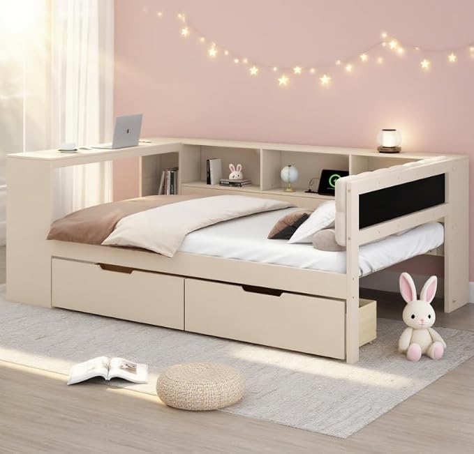 Bellemave Full Size Corner Bed Frame with Storage Shelves and Desk, Wood Full Daybed with Bookcase and Drawers and Upholstered Headboard, Cream