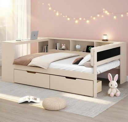 Bellemave Full Size Corner Bed Frame with Storage Shelves and Desk, Wood Full Daybed with Bookcase and Drawers and Upholstered Headboard, Cream