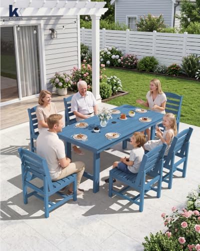 KINGYES 7-Piece Patio Dining Set, HDPE Table Armless Chairs Furniture Blue