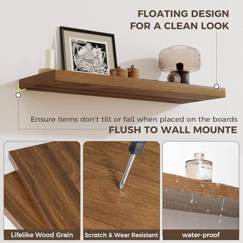 12 Deep Floating Shelves for Wall | 30W x 12D Large Floating Shelves | 3 Pack Storage Space Wall Mount Shelf for Living Room Bathroom Toilet Laundry Room Kitchen Home Office - Walnut