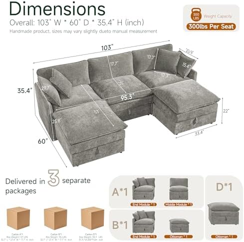 Myroyalsit Modular Sofa with Storage, 103" Shape Sectional Cloud Couch, Oversized Fabric Couch with Movable Ottoman, 5 Seat Modern Deep Seat Sofa for Living Room (Grey Chenille)