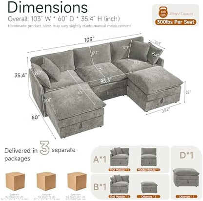 Myroyalsit Modular Sofa with Storage, 103" Shape Sectional Cloud Couch, Oversized Fabric Couch with Movable Ottoman, 5 Seat Modern Deep Seat Sofa for Living Room (Grey Chenille)