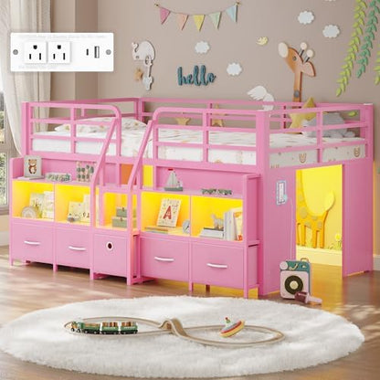 Twin Low Loft Bed, 5 Drawers & 6 Bookcases, LED and Charging Station, Pink
