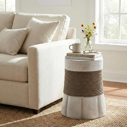 Merax Outdoor Light Gray & Brown Retro Side Table, Woven Rope & Fan-Base MGO End Table for Patio, Living Room & Office Decor