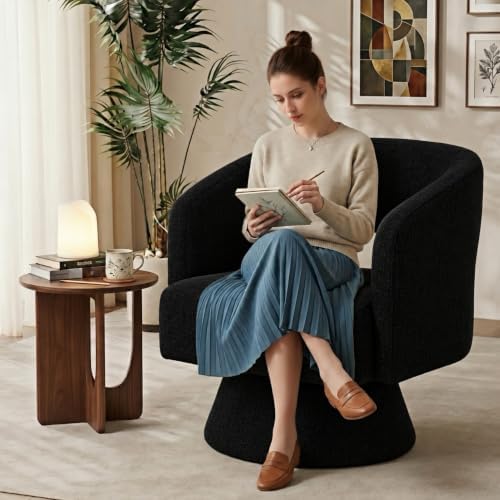 Swivel Accent Chair,Mid-Century Barrel Chair(Black-chenille, Set of 1)