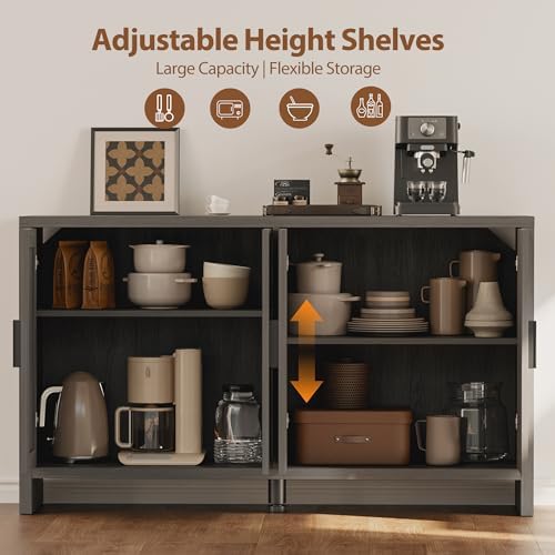 Rattan Buffet Cabinet with Storage, Sideboard with Doors, Console Table, Farmhouse Coffee Bar, Modern Wood Long Cabinets (Brown Black)